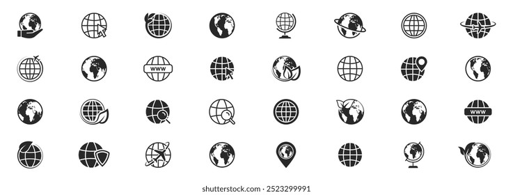 Globe earth icon big set. World icon collection. Web and homepage icons. Globes with world maps. www symbol. Vector illustration.