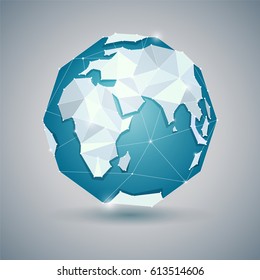 Globe or earth icon on gray background. Planet. Triangle polygonal style. JPG include isolated path. eps10