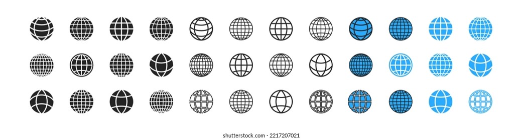 Globe Earth icon set. Flat design. World map concept. Internet, web, web page, connection signs. Language changer symbol. Vector illustration.