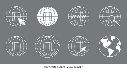 Globe earth icon set. World map icons. Elements for mobile concept and web apps. Vector illustration isolated on grey background.