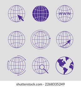 Globe earth icon set. World map icons. Elements for mobile concept and web apps. Vector illustration isolated on grey background.