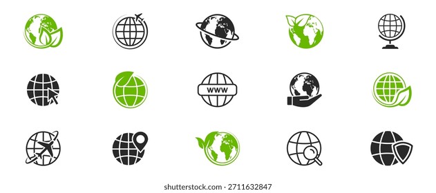 Symbol für die Erde des Globus. Weltweit flache Symbole, Glyphe und Linie. Web- und Homepage-Symbole. Globen mit Weltkarten. www-Symbol. Vektorgrafik.