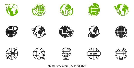 Symbol für die Erde des Globus. Weltweit flache Symbole, Glyphe und Linie. Web- und Homepage-Symbole. Globen mit Weltkarten. www-Symbol. Vektorgrafik.