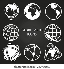 Globe earth icons collection on blackboard. Abstract global sphere, vector illustration