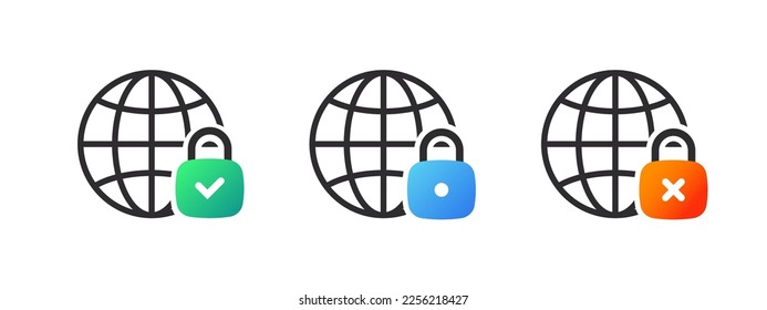 Globe earth icons with locks. Globes icons. Lock icons. Vector illustration