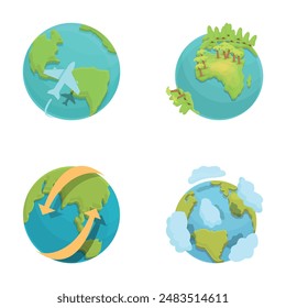 Globe earth icons set cartoon vector. Passenger plane flies around earth. Travel around world