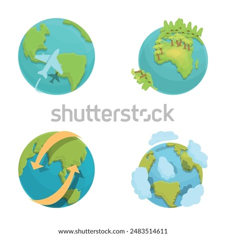 Globe earth icons set cartoon vector. Passenger plane flies around earth. Travel around world