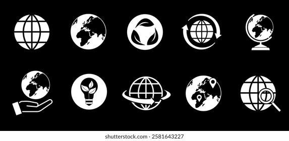 Globe earth icons set. International global business. Geography and globalization. Import and export. Graphic elements for website. Flat vector collection isolated on black background