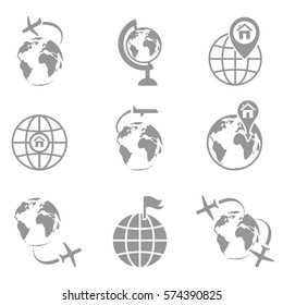 Globe earth icons set on white background. Globe and plane travel icon.