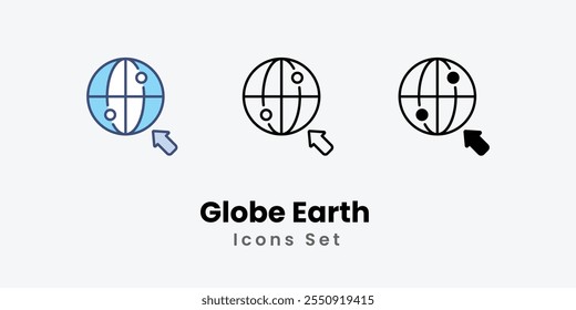 Conjunto de iconos de globo terrestre línea delgada e ilustración de icono de Vector de glifo
