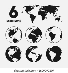 Globe Earth Icons and World Map Silhouette. Planet Earth in Black and White. Logo, App, Icon concept. EPS 10 Vector Illustration