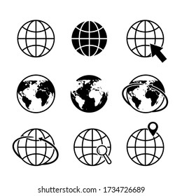 Globe earth icons. World map icon. Global communication simple logo. Geography location in tourism travel symbol. Arrow around globe with europe, australia, asia. Global network internet icon. vector