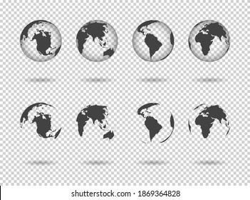 Globe earth. Icons of world maps. Set of 3d globus with europe, asia, africa, usa, australia and china. Gray simple planets on transparent background. Design graphic for logistics and travel. Vector.