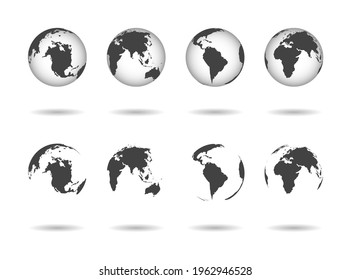 Globe earth. Icons of world maps. Set of 3d globus with europe, asia, africa, usa, australia and china. Gray simple planets on transparent background. Design graphic for logistics and travel. Vector.