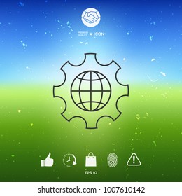 Globe of the Earth inside a gear or cog, setting parameters, Global Options - line icon