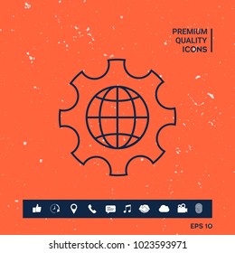 Globe of the Earth inside a gear or cog, setting parameters, Global Options - line icon