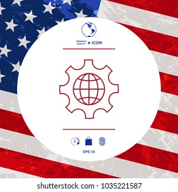 Globe of the Earth inside a gear or cog, setting parameters, Global Options - line icon