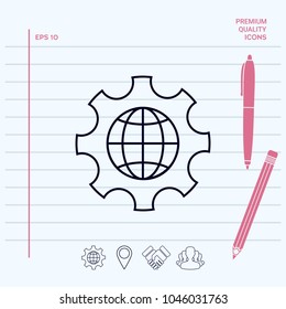 Globe of the Earth inside a gear or cog, setting parameters, Global Options - line icon