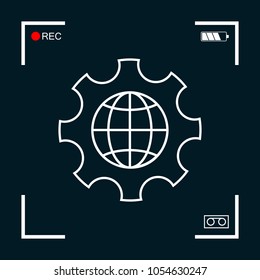 Globe of the Earth inside a gear or cog, setting parameters, Global Options - line icon