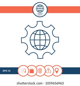 Globe of the Earth inside a gear or cog, setting parameters, Global Options - line icon
