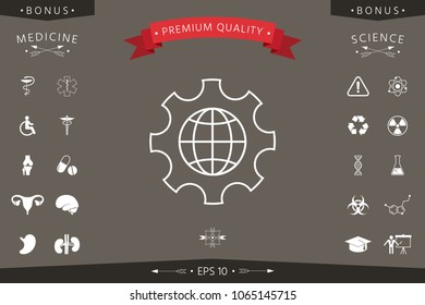 Globe of the Earth inside a gear or cog, setting parameters, Global Options - line icon