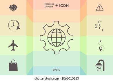 Globe of the Earth inside a gear or cog, setting parameters, Global Options - line icon