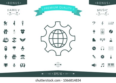Globe of the Earth inside a gear or cog, setting parameters, Global Options - line icon