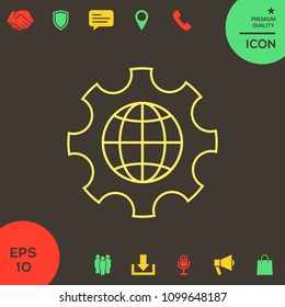Globe of the Earth inside a gear or cog, setting parameters, Global Options - line icon