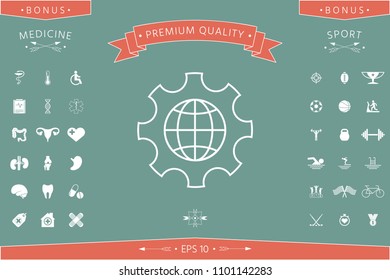 Globe of the Earth inside a gear or cog, setting parameters, Global Options - line icon