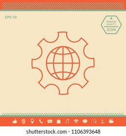 Globe of the Earth inside a gear or cog, setting parameters, Global Options - line icon