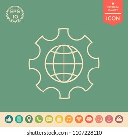 Globe of the Earth inside a gear or cog, setting parameters, Global Options - line icon