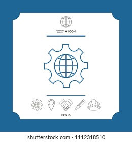 Globe of the Earth inside a gear or cog, setting parameters, Global Options - line icon