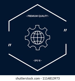 Globe of the Earth inside a gear or cog, setting parameters, Global Options - line icon