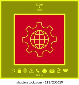 Globe of the Earth inside a gear or cog, setting parameters, Global Options - line icon