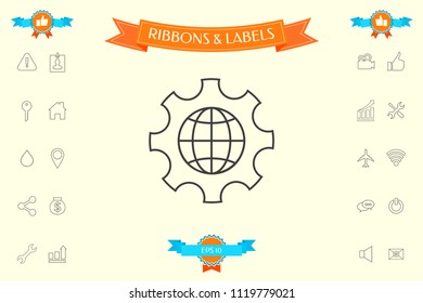 Globe of the Earth inside a gear or cog, setting parameters, Global Options - line icon
