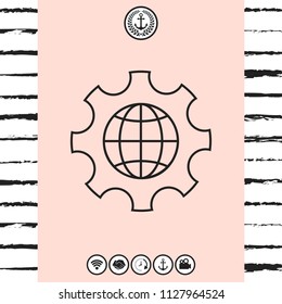 Globe of the Earth inside a gear or cog, setting parameters, Global Options - line icon