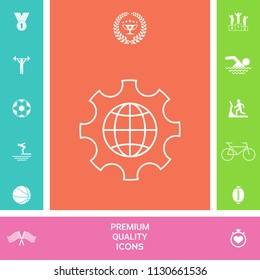 Globe of the Earth inside a gear or cog, setting parameters, Global Options - line icon