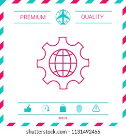 Globe of the Earth inside a gear or cog, setting parameters, Global Options - line icon