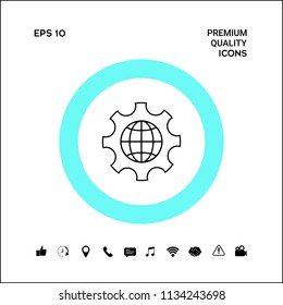 Globe of the Earth inside a gear or cog, setting parameters, Global Options - line icon