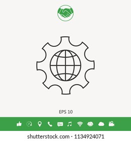Globe of the Earth inside a gear or cog, setting parameters, Global Options - line icon
