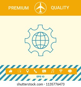 Globe of the Earth inside a gear or cog, setting parameters, Global Options - line icon