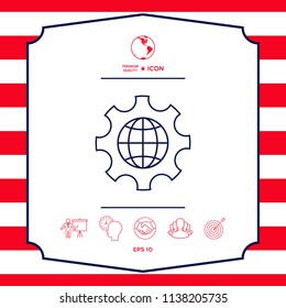 Globe of the Earth inside a gear or cog, setting parameters, Global Options - line icon