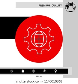 Globe of the Earth inside a gear or cog, setting parameters, Global Options - line icon