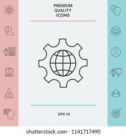 Globe of the Earth inside a gear or cog, setting parameters, Global Options - line icon