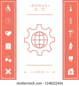 Globe of the Earth inside a gear or cog, setting parameters, Global Options - line icon
