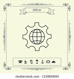 Globe of the Earth inside a gear or cog, setting parameters, Global Options - line icon