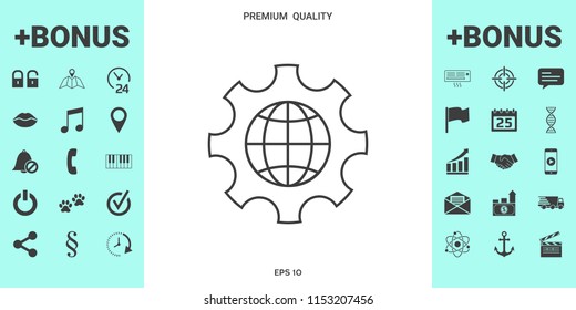 Globe of the Earth inside a gear or cog, setting parameters, Global Options - line icon