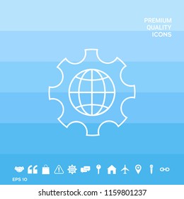 Globe of the Earth inside a gear or cog, setting parameters, Global Options - line icon