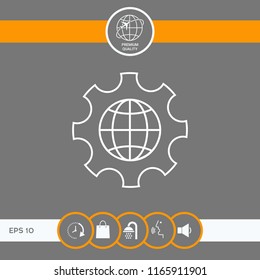 Globe of the Earth inside a gear or cog, setting parameters, Global Options - line icon
