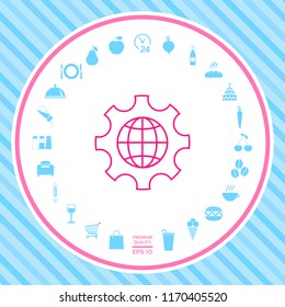 Globe of the Earth inside a gear or cog, setting parameters, Global Options - line icon